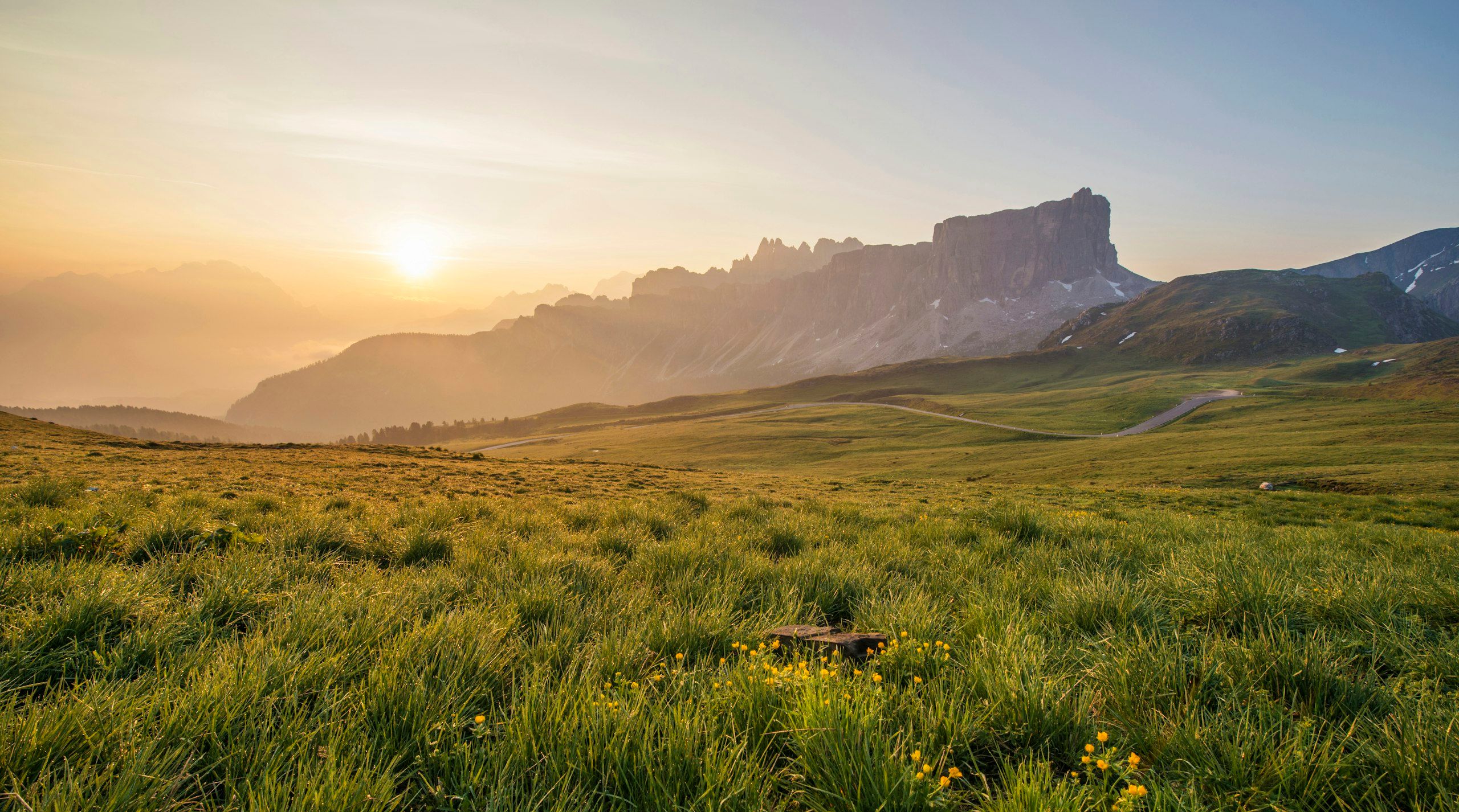 Sunrise over a grassy alpine meadow with jagged peaks behind
