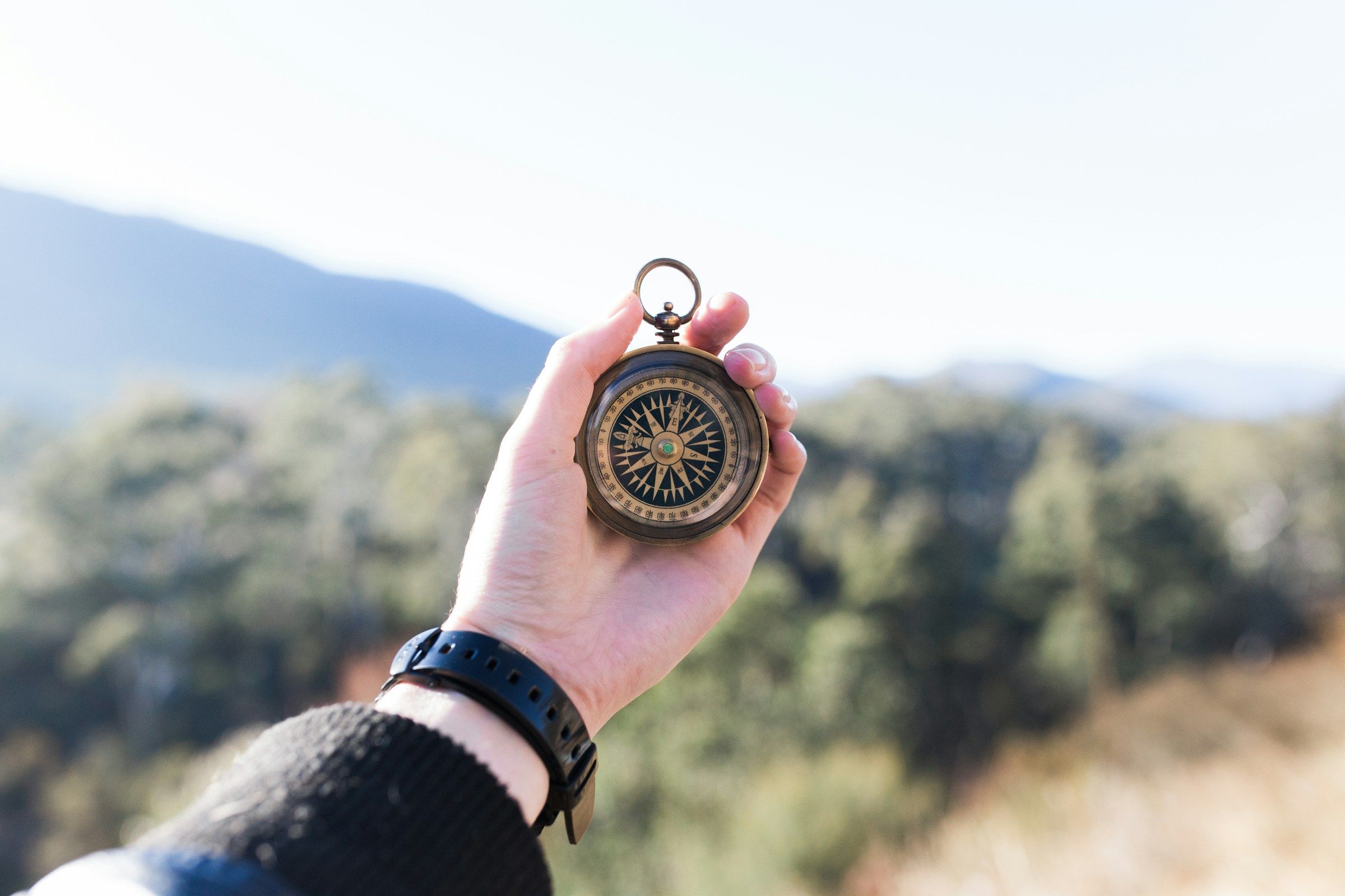A hand holding a brass compass up against a blurred forest and mountain ridge