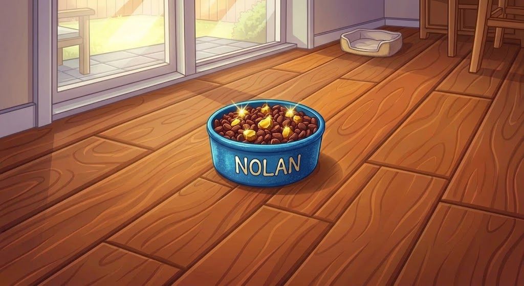Dog food bowl labeled Nolan, with a few golden nuggets on top