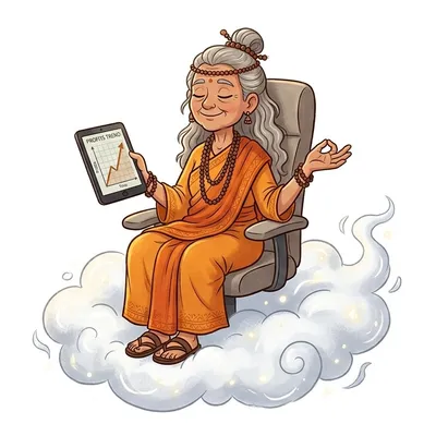 Illustration of a serene, gray-haired guru in saffron robes, holding a tablet while seated in an office chair on a cloud